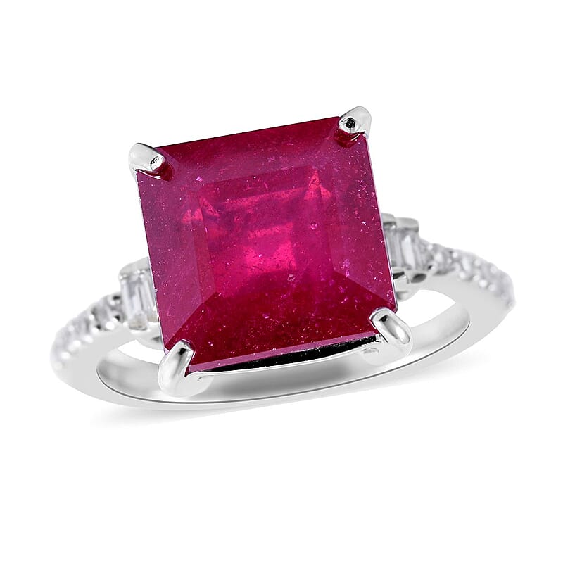 Asscher Cut Niassa Ruby (FF) and Natural White Zircon Ring in Platinum Over Sterling Silver (Size 10.0) 7.65 ctw