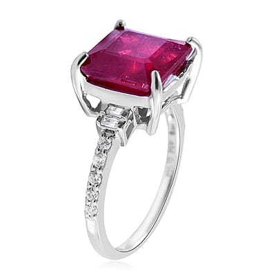 Asscher Cut Niassa Ruby (FF) and Natural White Zircon Ring in Platinum Over Sterling Silver (Size 10.0) 7.65 ctw