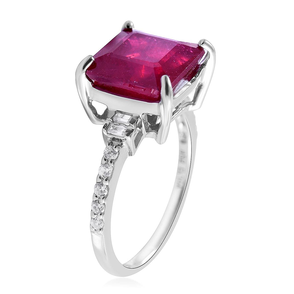 Asscher Cut Niassa Ruby (FF) and White Zircon Ring in Platinum Over Sterling Silver (Size 9.0) 7.65 ctw image number 2