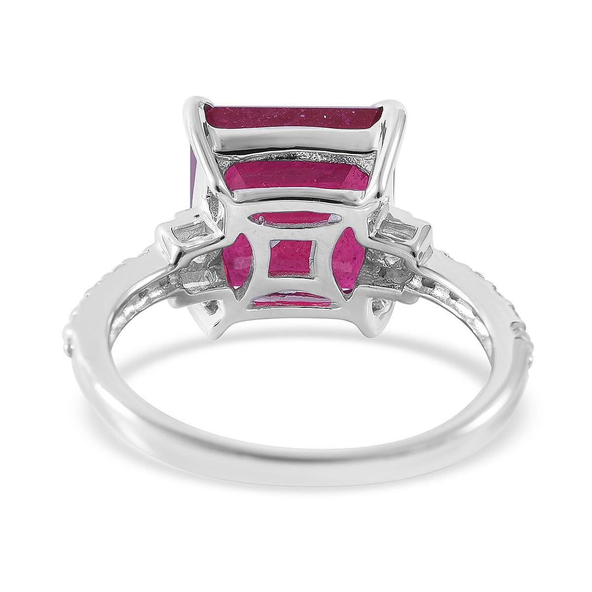Asscher Cut Niassa Ruby (FF) and White Zircon Ring in Platinum Over Sterling Silver (Size 9.0) 7.65 ctw image number 3