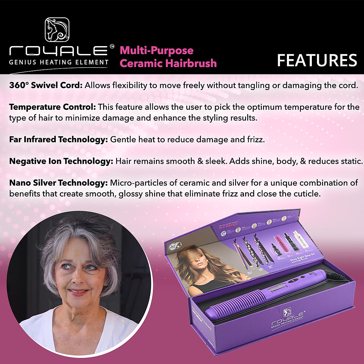 Negative ION Technology Multi Purpose Ceramic Electric Hair Brush - Purple image number 2