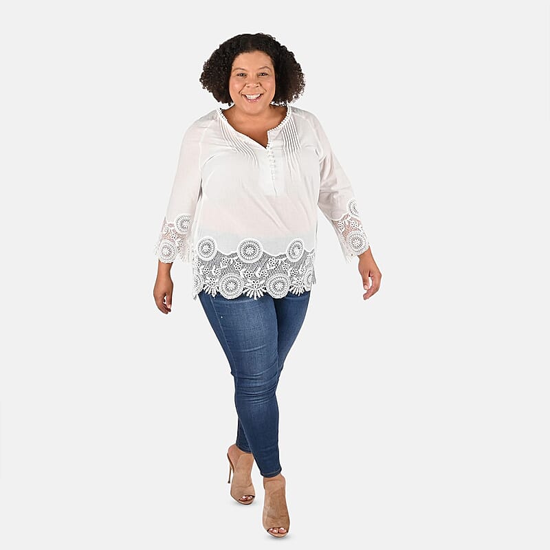 Tamsy White Vivian Vintage Tunic with Lace Trim - S