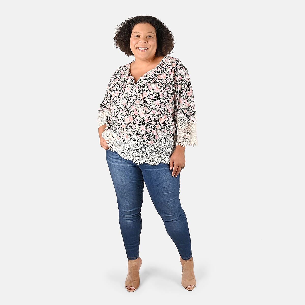 Tamsy Pink Floral Vivian Vintage Tunic with Lace Trim - S image number 0