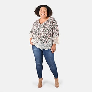 Tamsy Pink Floral Vivian Vintage Tunic with Lace Trim - S