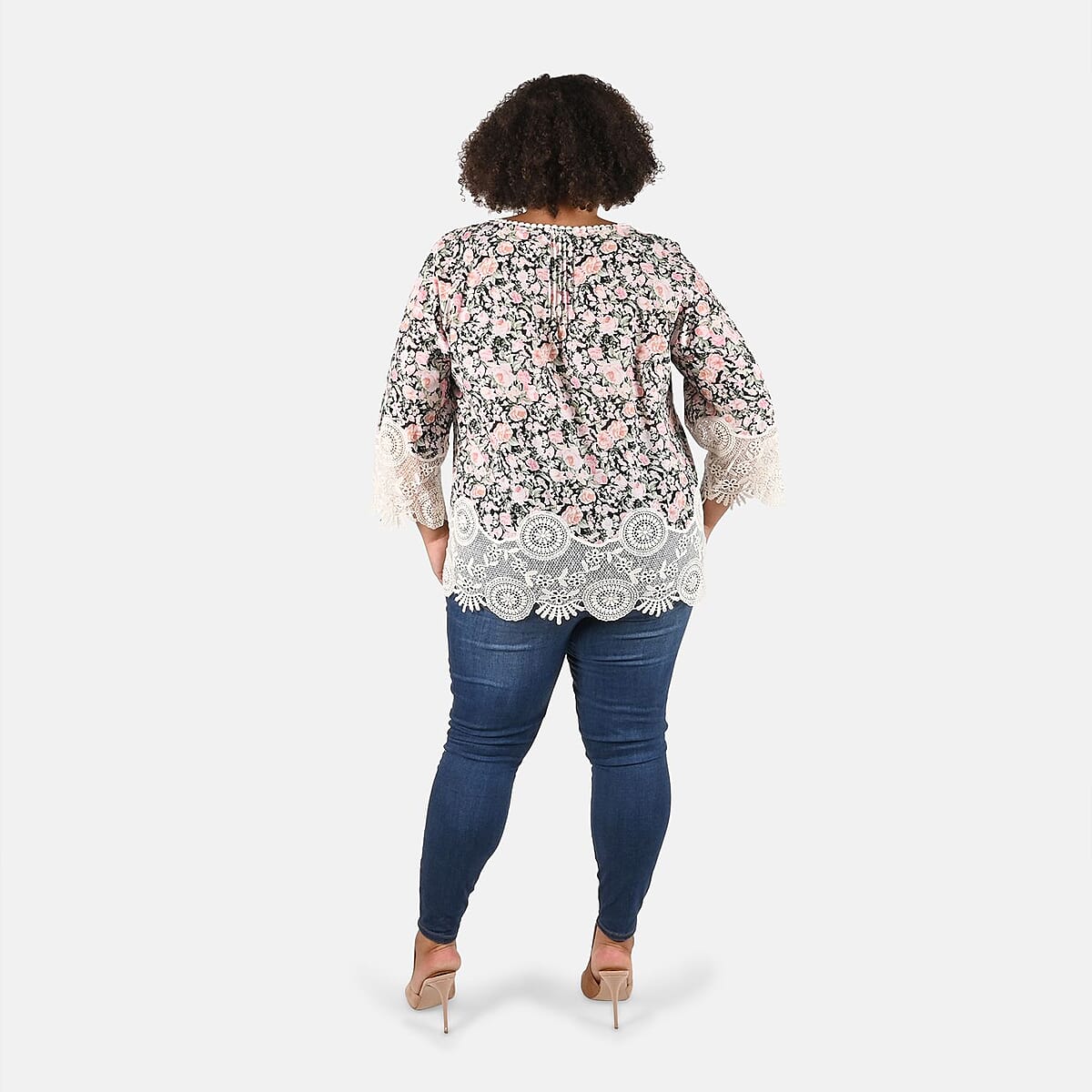 Tamsy Pink Floral Vivian Vintage Tunic with Lace Trim - S image number 1