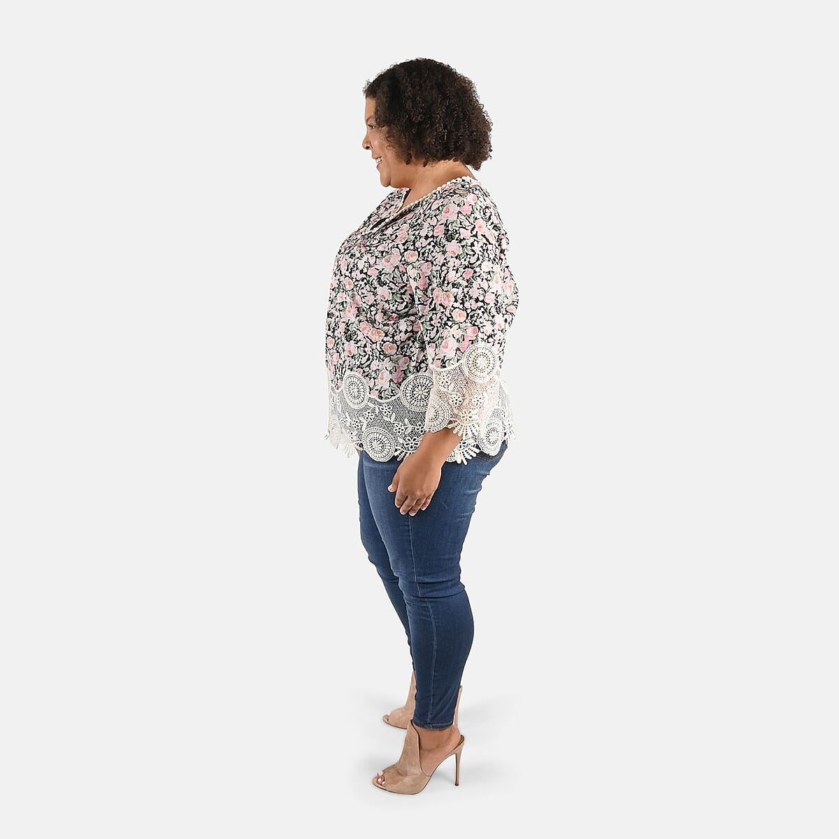 Tamsy Pink Floral Vivian Vintage Tunic with Lace Trim - S image number 2