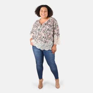 Tamsy Pink Floral Vivian Vintage Tunic with Lace Trim - M