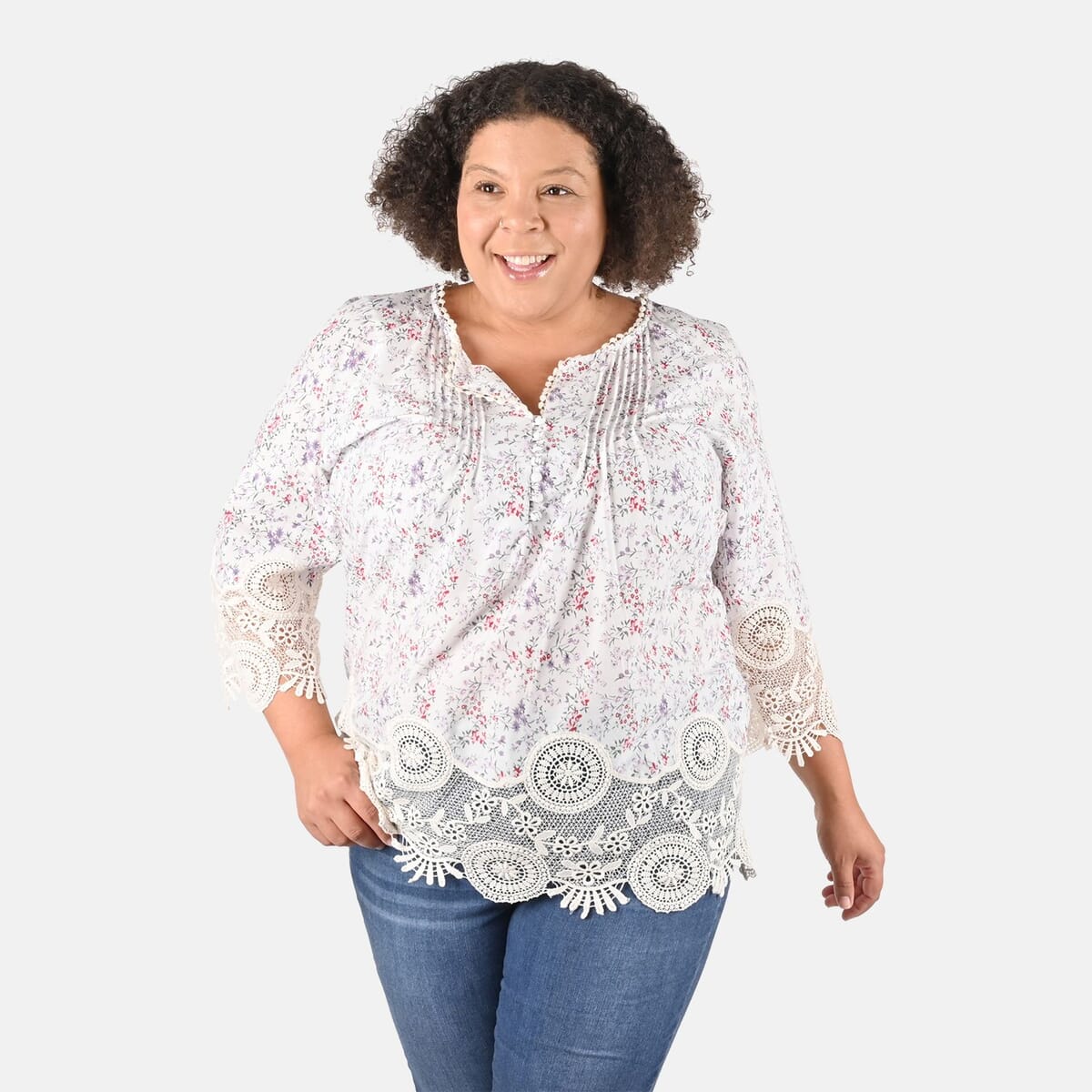 Tamsy Ivory Floral Vivian Vintage Tunic with Lace Trim - M image number 3
