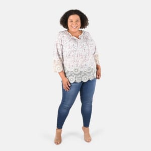 Tamsy Ivory Floral Vivian Vintage Tunic with Lace Trim - L