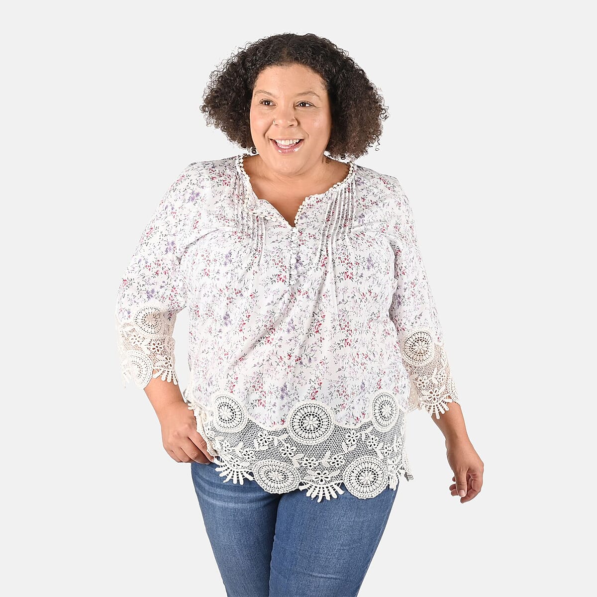 Tamsy Ivory Floral Vivian Vintage Tunic with Lace Trim - 1X image number 3