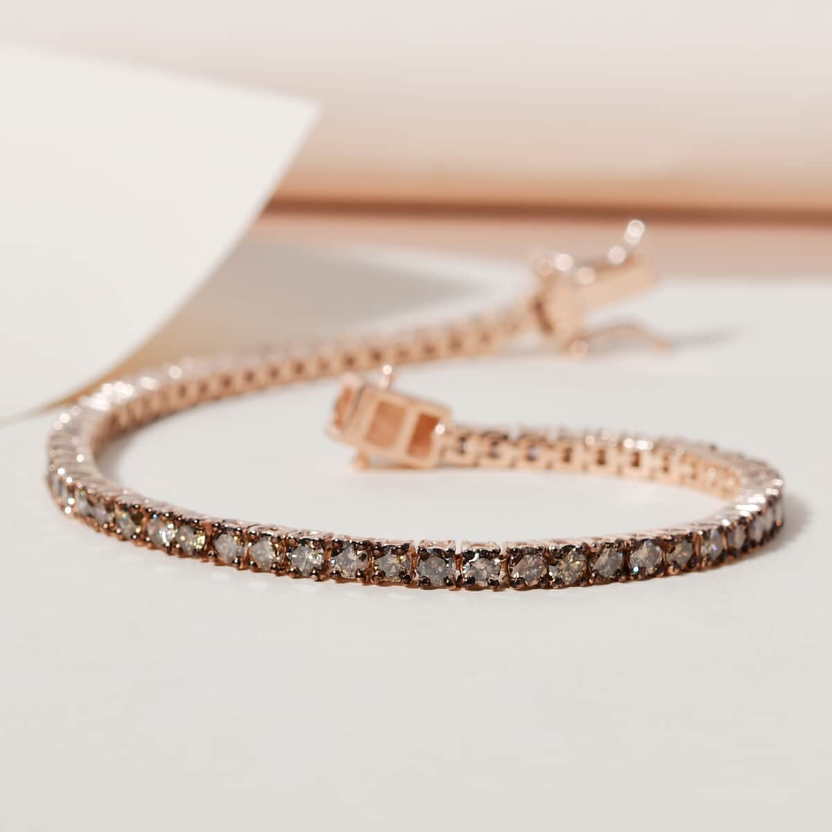 Natural Champagne Diamond Tennis Bracelet in Vermeil RG Over Sterling Silver (7.25 In) (8.50 g) 5.00 ctw image number 4
