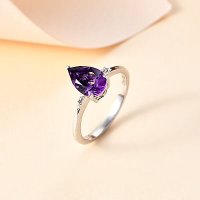 Premium Moroccan Amethyst and White Zircon Statement Ring in Rhodium Over Sterling Silver (Size 11.0) 1.25 ctw