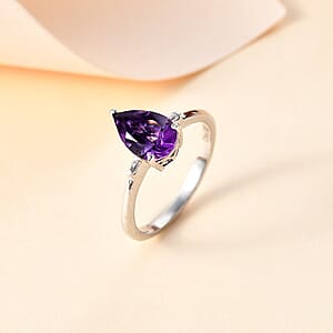 Premium Moroccan Amethyst and White Zircon Statement Ring in Rhodium Over Sterling Silver (Size 7.0) 1.25 ctw
