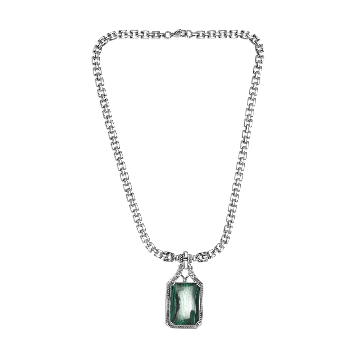 African Malachite Men's Necklace 18 Inches in Stainless Steel 48.40 ctw image number 2