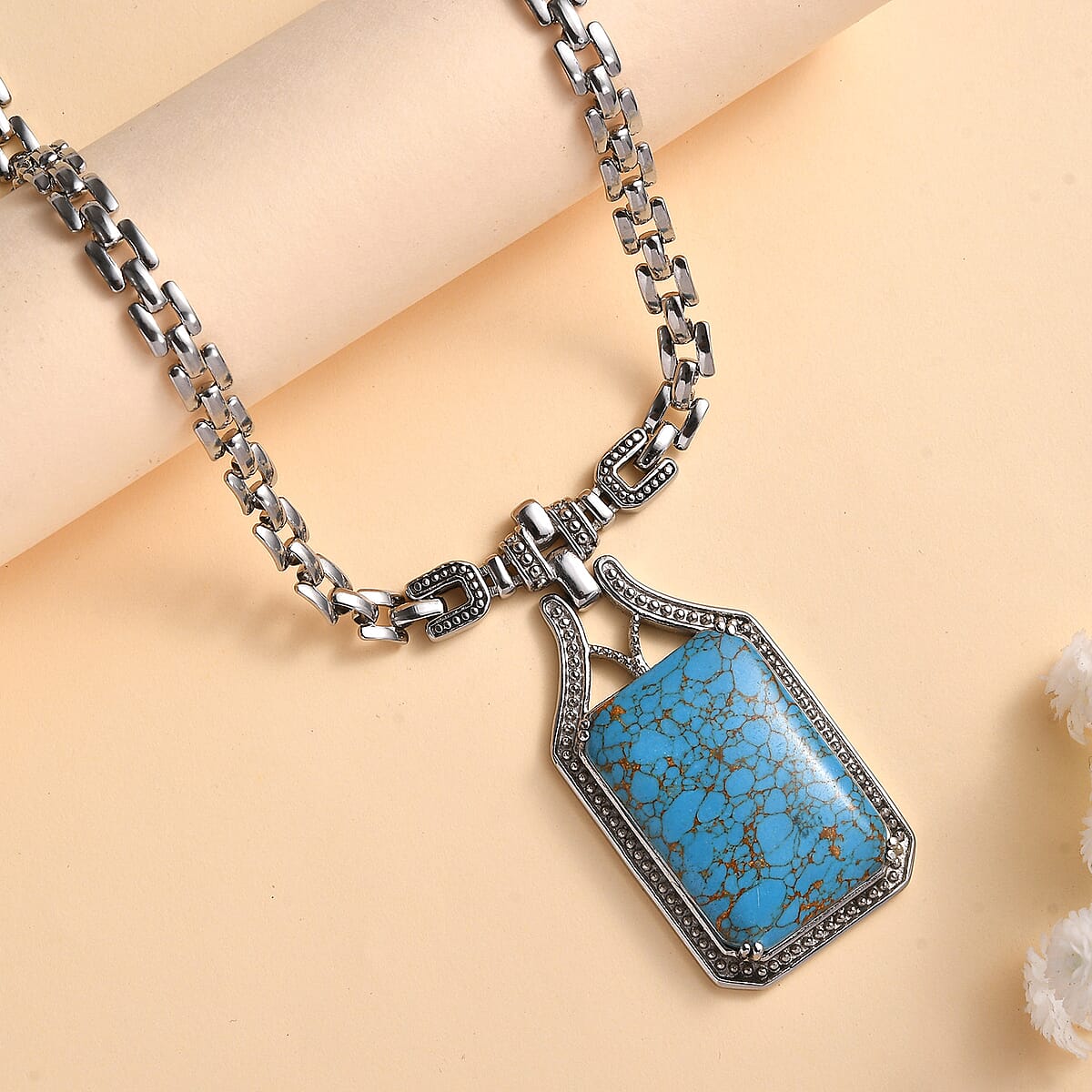 Mojave Blue Turquoise Men's Necklace 18 Inches in Stainless Steel 34.50 ctw image number 1