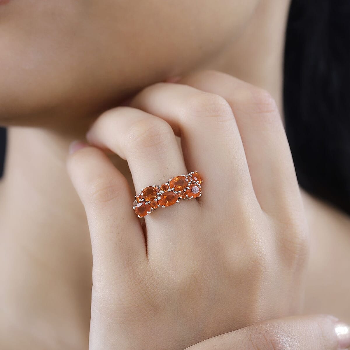 Crimson Fire Opal Cluster Ring in Platinum Over Sterling Silver (Size 7.0) 2.10 ctw image number 2