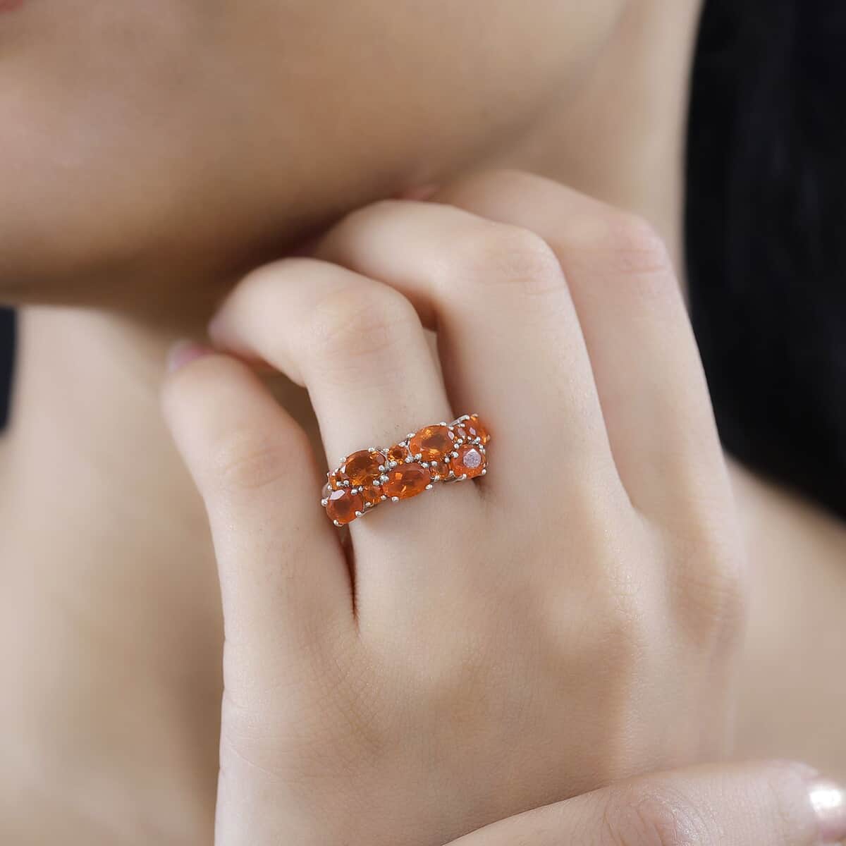 Crimson Fire Opal Cluster Ring in Platinum Over Sterling Silver (Size 9.0) 2.10 ctw image number 2