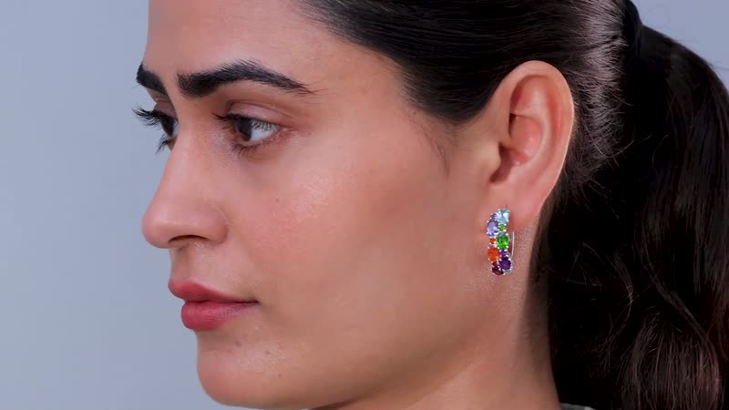 TLV Multi Gemstone Hoop Earrings in Platinum Over Sterling Silver 6.15 ctw