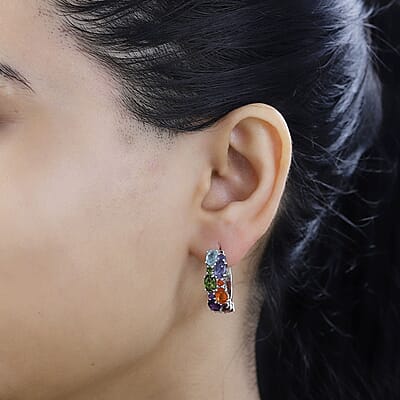 Multi Gemstone Hoop Earrings in Platinum Over Sterling Silver 6.15 ctw