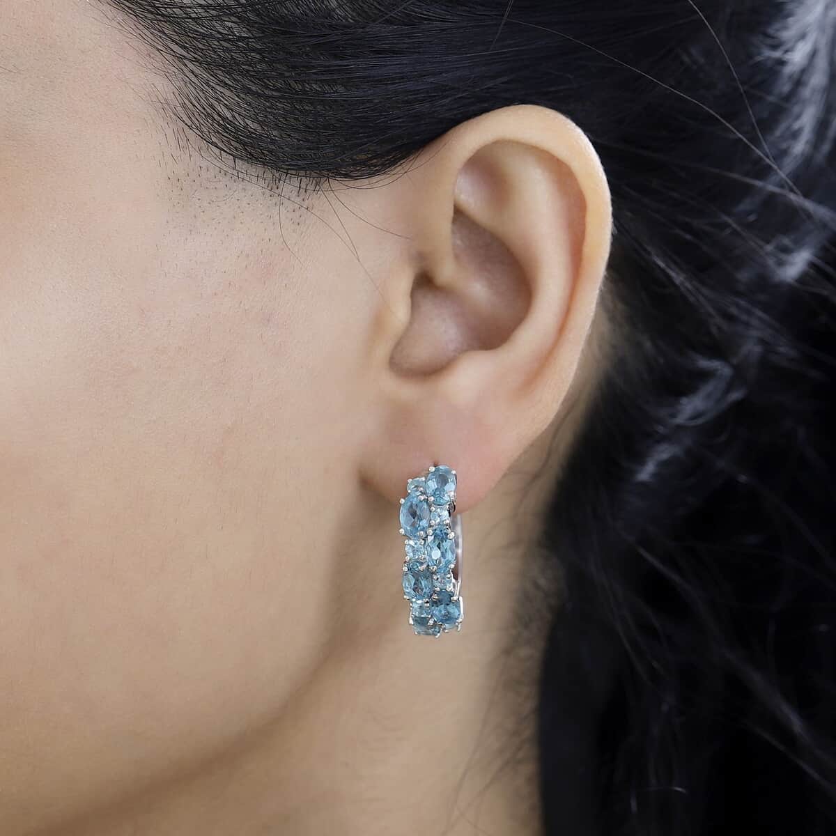 Betroka Blue Apatite Hoop Earrings in Platinum Over Sterling Silver 6.50 ctw image number 2