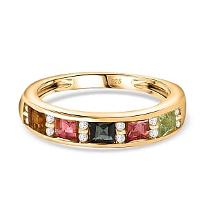 Multi-Tourmaline and White Zircon 0.95 ctw Band Ring in Vermeil Yellow Gold Over Sterling Silver (Size 9)