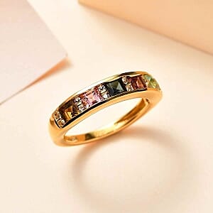 Multi-Tourmaline and White Zircon 0.95 ctw Band Ring in Vermeil Yellow Gold Over Sterling Silver (Size 9)