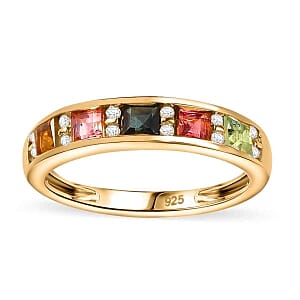Multi-Tourmaline and White Zircon 0.95 ctw Band Ring in Vermeil Yellow Gold Over Sterling Silver (Size 9)