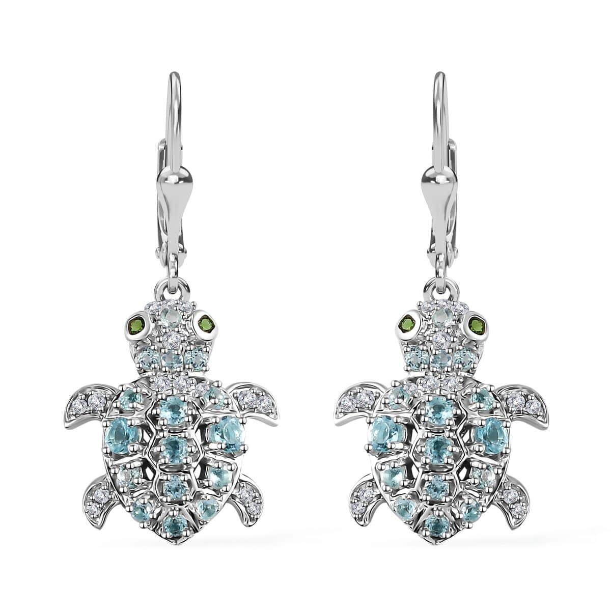 GP Trionfo Collection: Special Sealife Apatite and Multi Gemstone Lever Back Turtle Earrings in Rhodium Over Sterling Silver 1.75 ctw image number 0