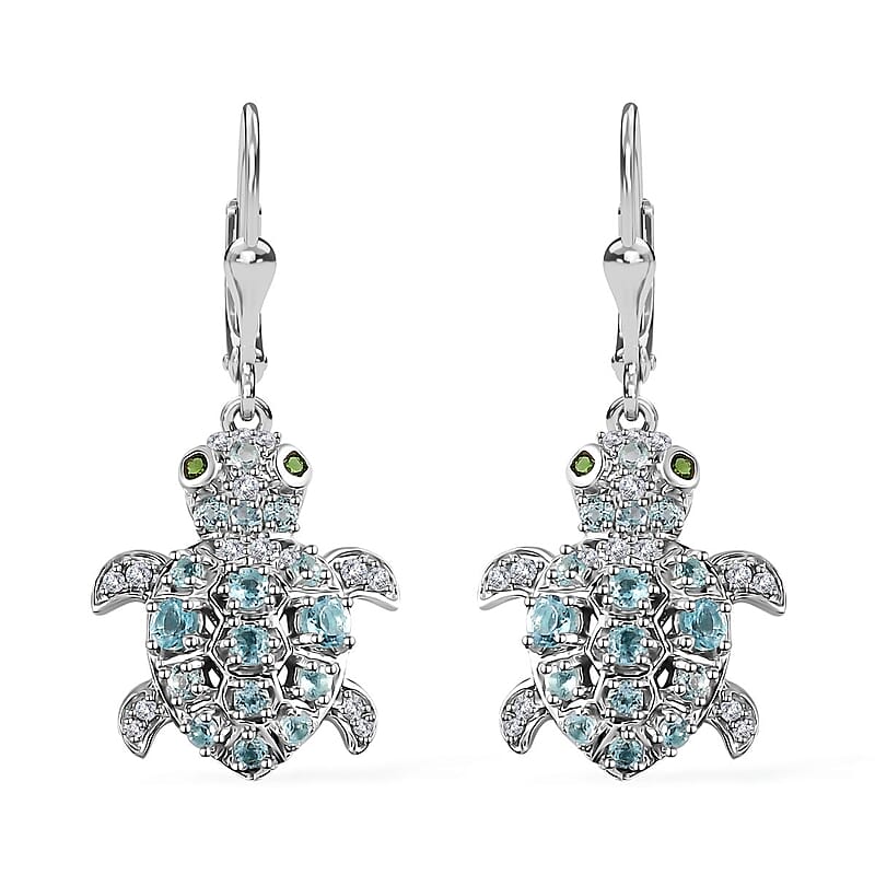 GP Trionfo Collection: Special Sealife Apatite and Multi Gemstone Lever Back Turtle Earrings in Rhodium Over Sterling Silver 1.75 ctw