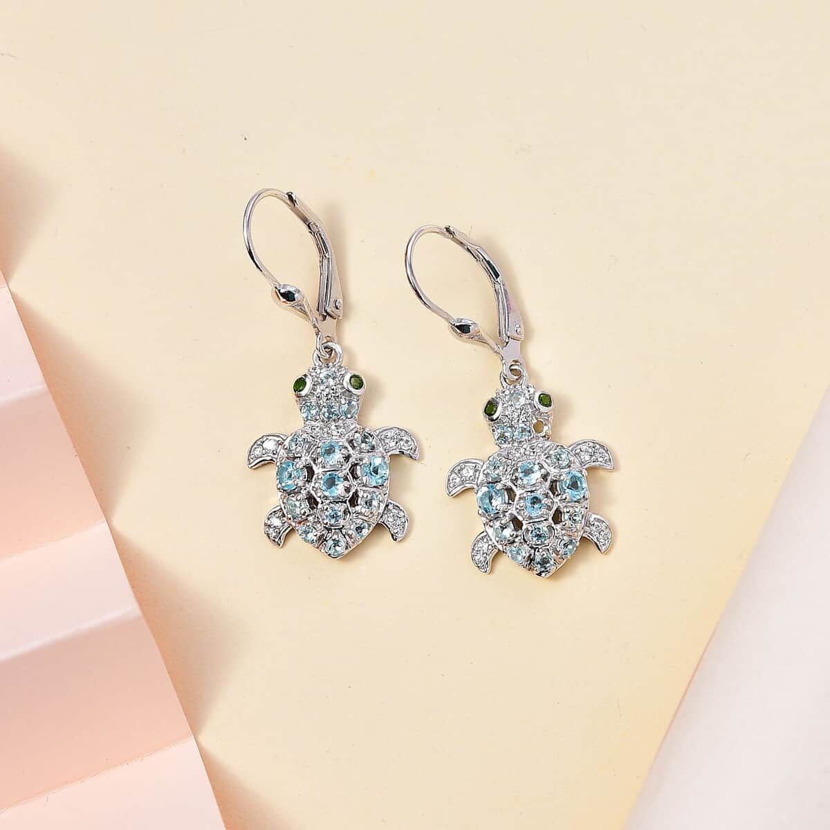 GP Trionfo Collection: Special Sealife Apatite and Multi Gemstone Lever Back Turtle Earrings in Rhodium Over Sterling Silver 1.75 ctw image number 1