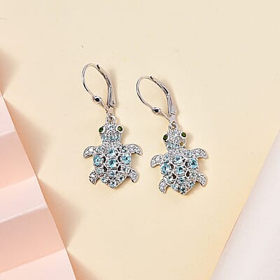GP Trionfo Collection: Special Sealife Apatite and Multi Gemstone Lever Back Turtle Earrings in Rhodium Over Sterling Silver 1.75 ctw
