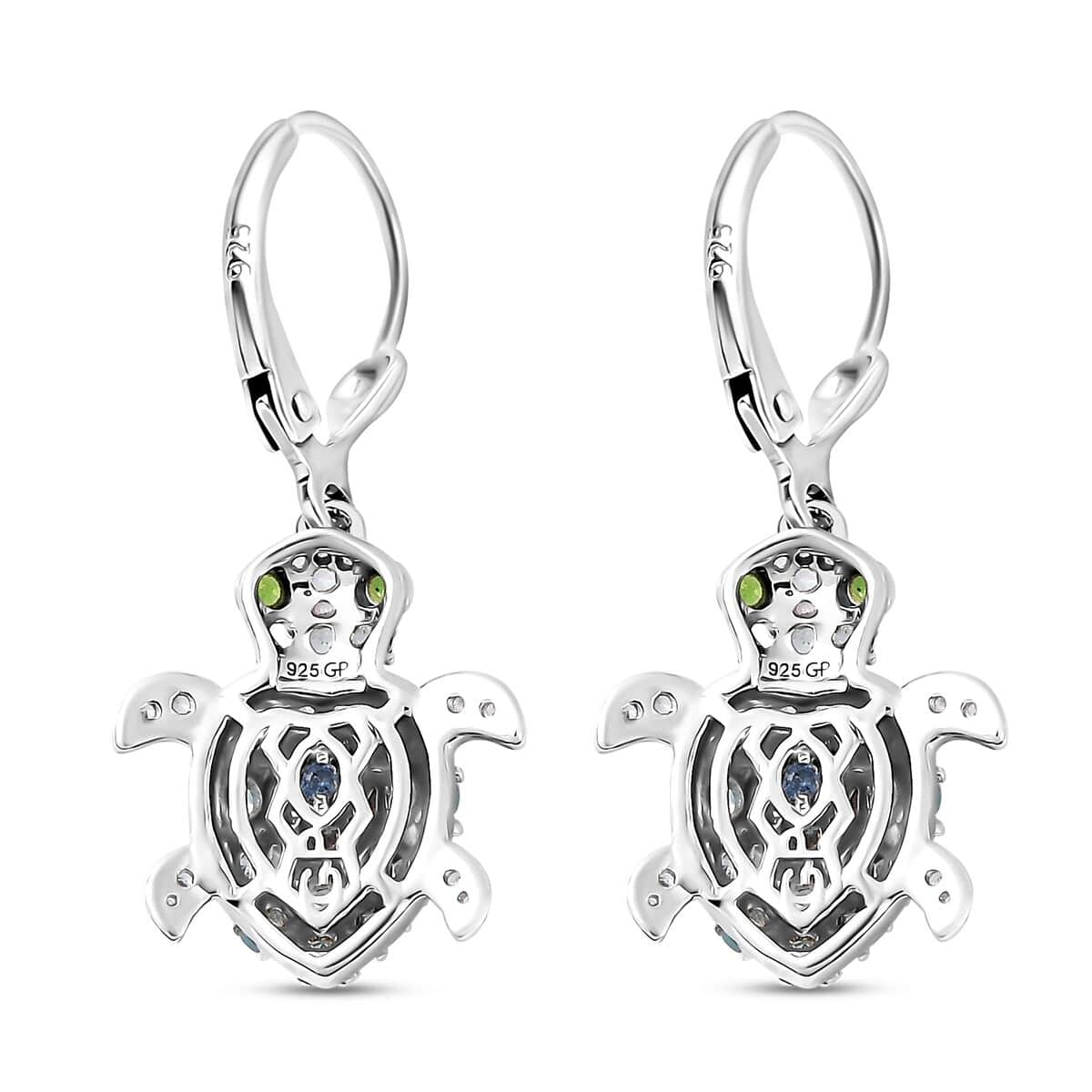 GP Trionfo Collection: Special Sealife Apatite and Multi Gemstone Lever Back Turtle Earrings in Rhodium Over Sterling Silver 1.75 ctw image number 3