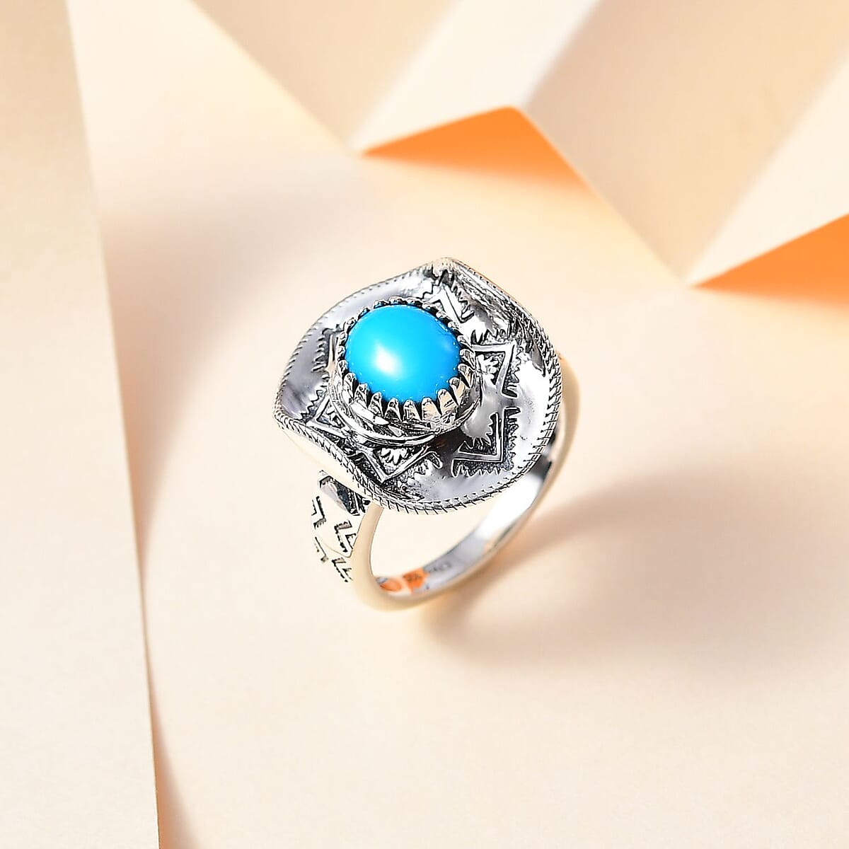 Artisan Crafted Premium Sleeping Beauty Turquoise Cowboy Hat Ring in Black Oxidized Sterling Silver (Size 9.0) 1.60 ctw image number 1