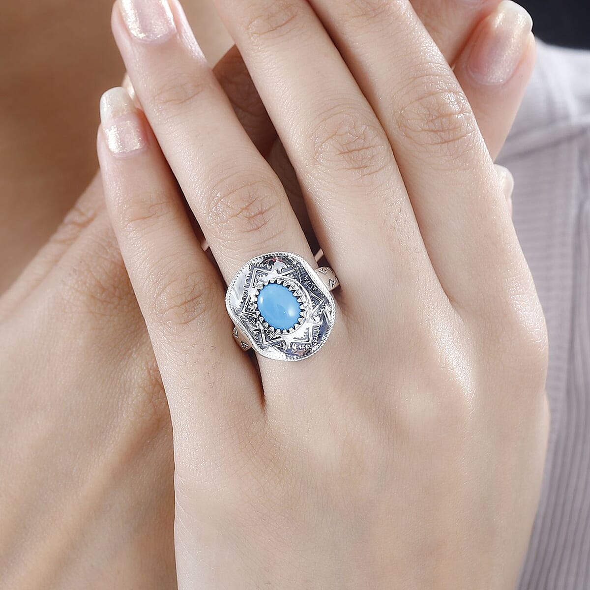 Artisan Crafted Premium Sleeping Beauty Turquoise Cowboy Hat Ring in Black Oxidized Sterling Silver (Size 9.0) 1.60 ctw image number 2