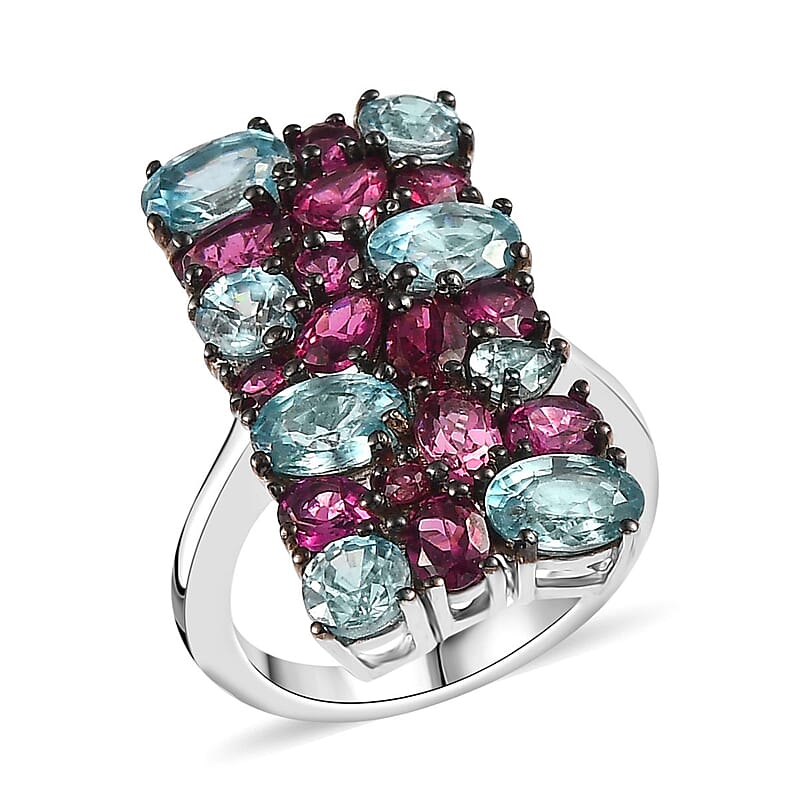 Cambodian Blue Zircon and Orissa Rhodolite Garnet Ring in Platinum Over Sterling Silver (Size 10.0) 6.85 ctw