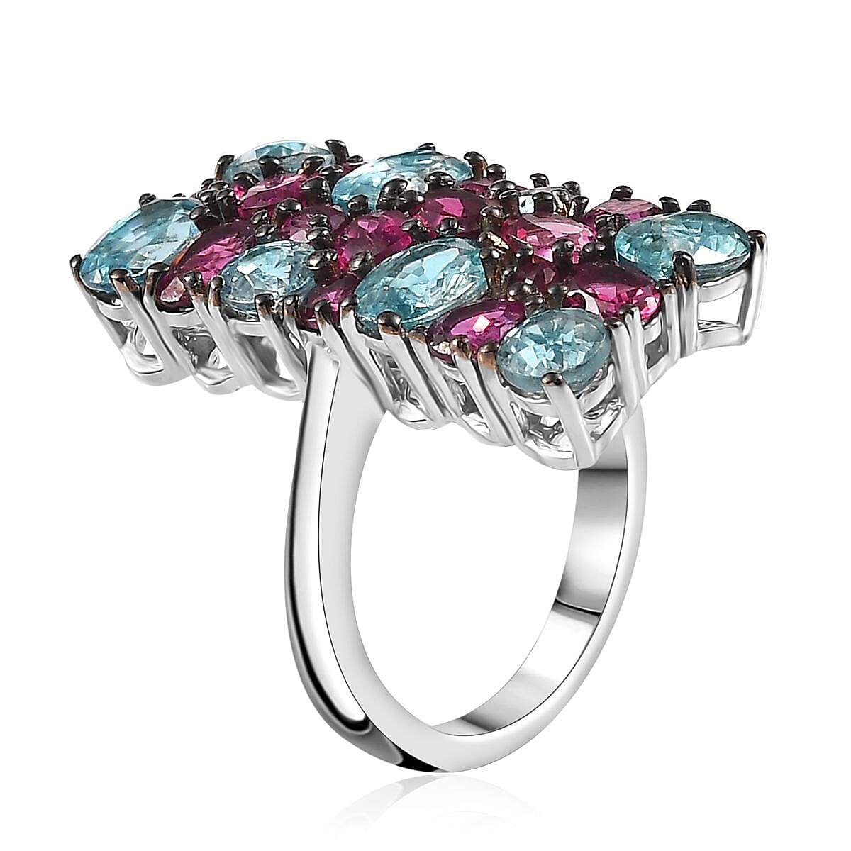 Cambodian Blue Zircon and Orissa Rhodolite Garnet Ring in Platinum Over Sterling Silver (Size 10.0) 6.85 ctw