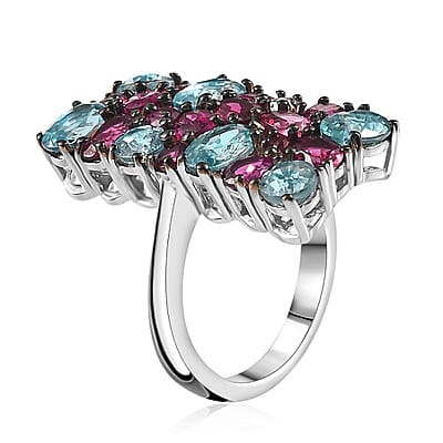 Cambodian Blue Zircon and Orissa Rhodolite Garnet Ring in Platinum Over Sterling Silver (Size 10.0) 6.85 ctw