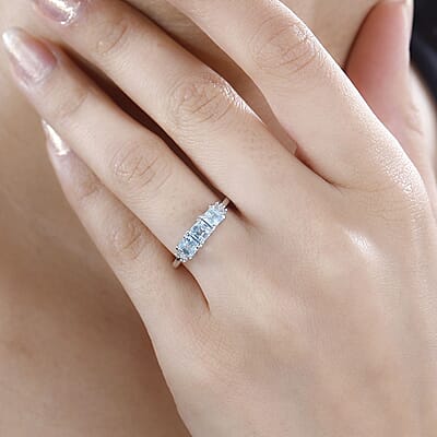 Cambodian Blue Zircon and Diamond 3 Stone Ring in Rhodium Over Sterling Silver (Size 10.0) 1.70 ctw