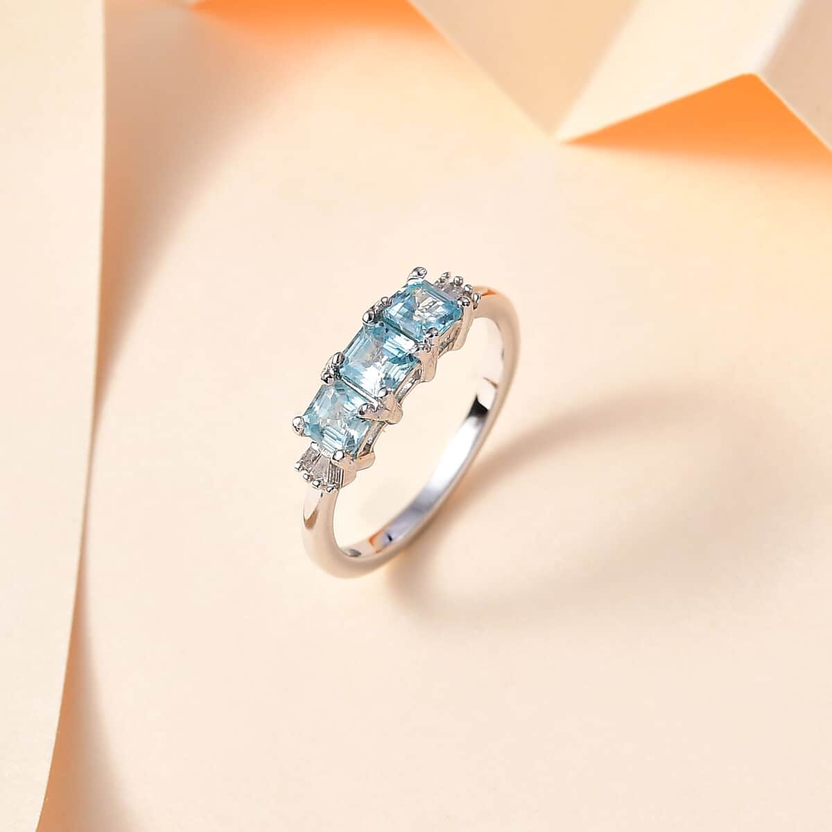 Cambodian Blue Zircon and Diamond 3 Stone Ring in Rhodium Over Sterling Silver (Size 5.0) 1.70 ctw image number 1