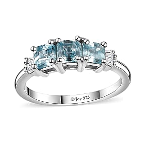 Cambodian Blue Zircon and Diamond 3 Stone Ring in Rhodium Over Sterling Silver (Size 9.0) 1.70 ctw