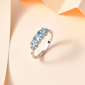 Cambodian Blue Zircon and Diamond 3 Stone Ring in Rhodium Over Sterling Silver (Size 9.0) 1.70 ctw