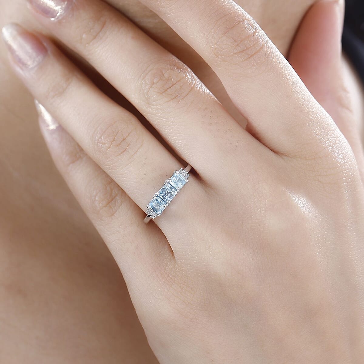 Cambodian Blue Zircon and Diamond 3 Stone Ring in Rhodium Over Sterling Silver (Size 9.0) 1.70 ctw image number 2