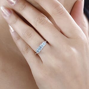 Cambodian Blue Zircon and Diamond 3 Stone Ring in Rhodium Over Sterling Silver (Size 9.0) 1.70 ctw