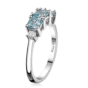 Cambodian Blue Zircon and Diamond 3 Stone Ring in Rhodium Over Sterling Silver (Size 9.0) 1.70 ctw
