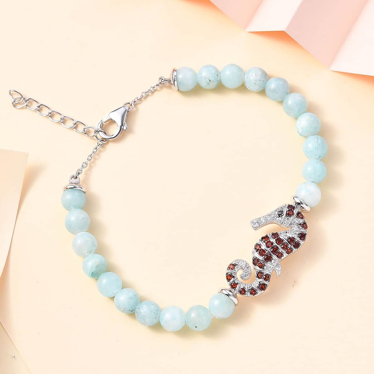 GP Trionfo Collection: Special Sealife Larimar and Multi Gemstone Seahorse Bracelet in Rhodium Over Sterling Silver (6.50-8.0In) 21.60 ctw image number 1