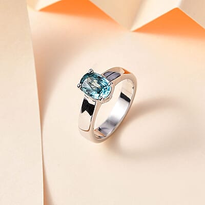 Cambodian Blue Zircon Solitaire Ring in Rhodium Over Sterling Silver (Size 10.0) 1.90 ctw