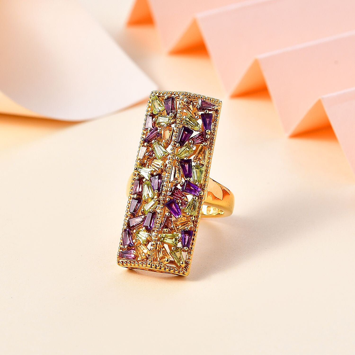 GP Art Deco Collection Multi Gemstone Ring in 18K Vermeil Yellow Gold Over Sterling Silver (Size 10.0) 2.50 ctw