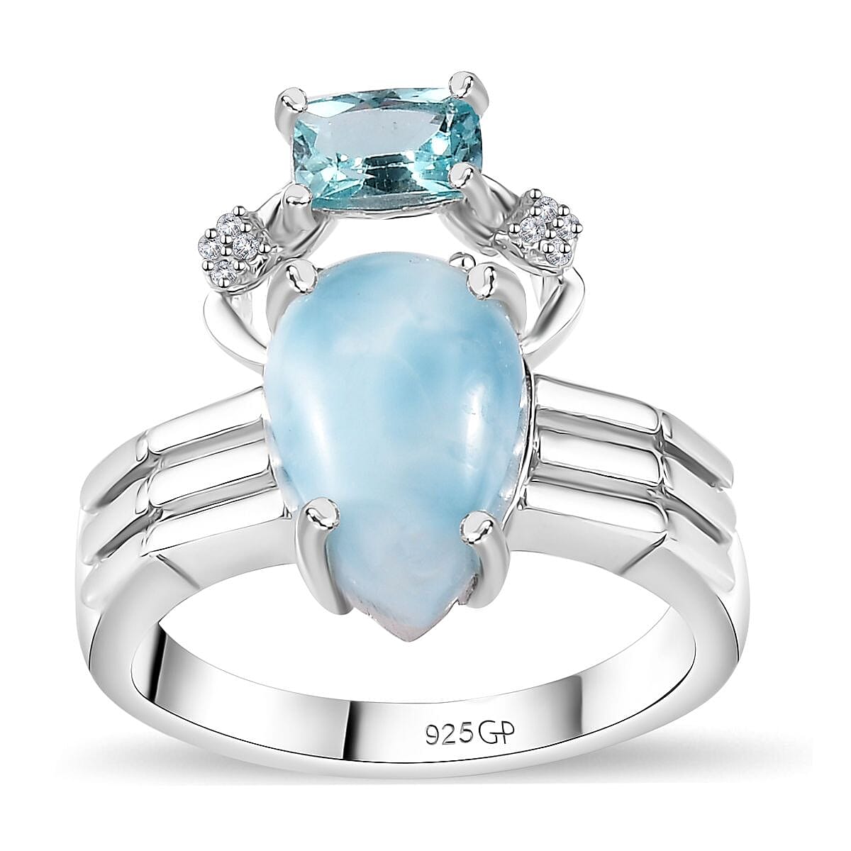 GP Trionfo Collection: Special Sealife Premium Larimar and Multi Gemstone Ring in Rhodium Over Sterling Silver (Size 10.0) 4.65 ctw