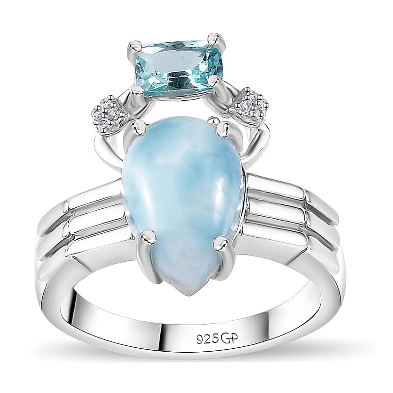 GP Trionfo Collection: Special Sealife Premium Larimar and Multi Gemstone Ring in Rhodium Over Sterling Silver (Size 10.0) 4.65 ctw
