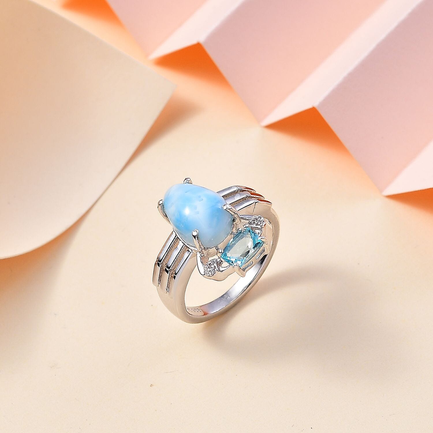 GP Trionfo Collection: Special Sealife Premium Larimar and Multi Gemstone Ring in Rhodium Over Sterling Silver (Size 10.0) 4.65 ctw